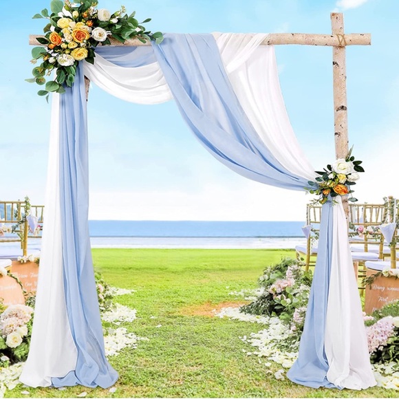 2 Panels White + Baby Blue Arch Drapes 6 Yards Wedding Arch Curtains Chiffon - Picture 1 of 6